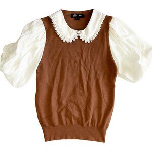 On 12th Puff Sleeve Mock Layer Top XS Brown Cream Pearl Lace Cottagecore-A260